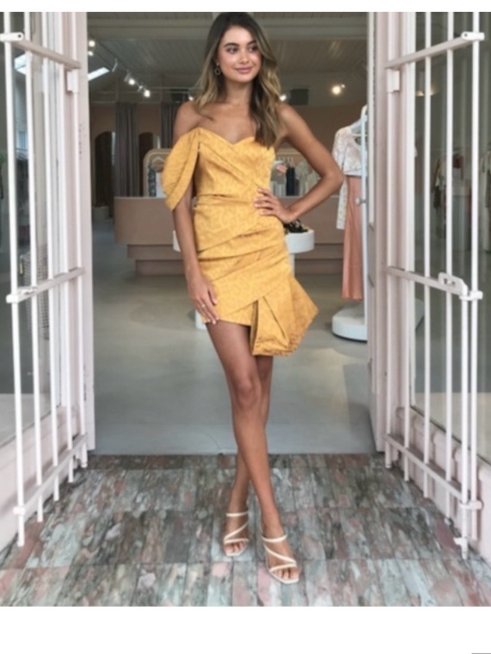 Acler Tomsey Draped Mini Dress in Dark Gold Cocktail Party Evening One Shoulder